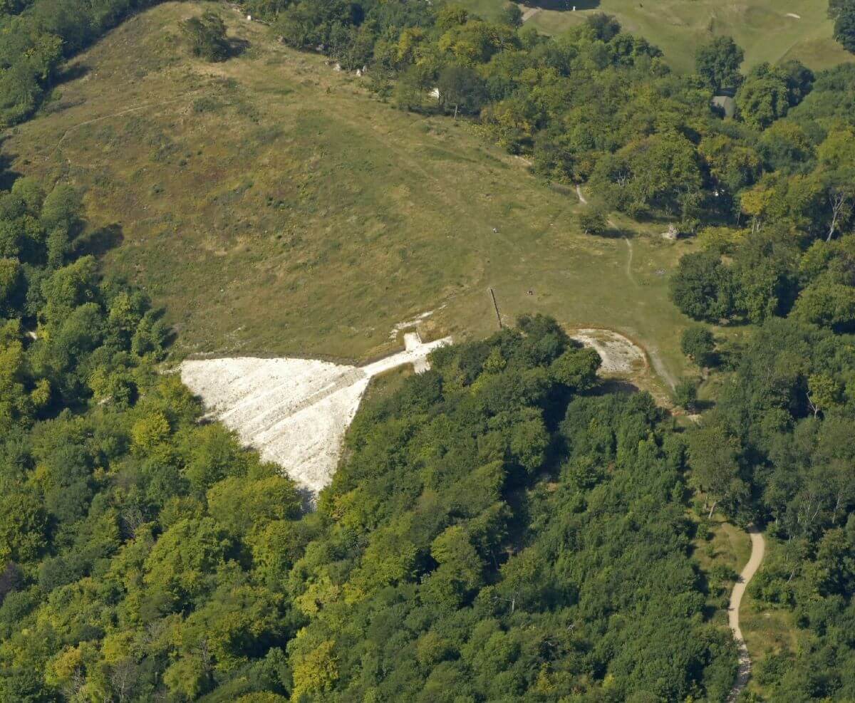 A chalk figure like a Christian cross on a rooftop nestles amongst woodland, an aerial view
