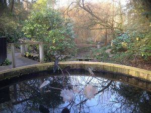 A pond with sculptures in a formal garden - the Lyde Garden