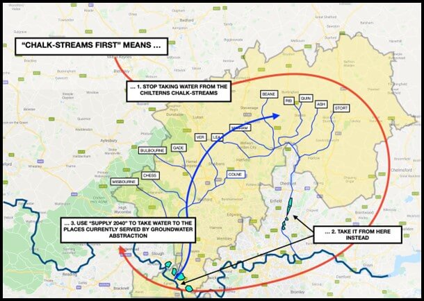 A map with arrows showing the Chalk Streams First proposals