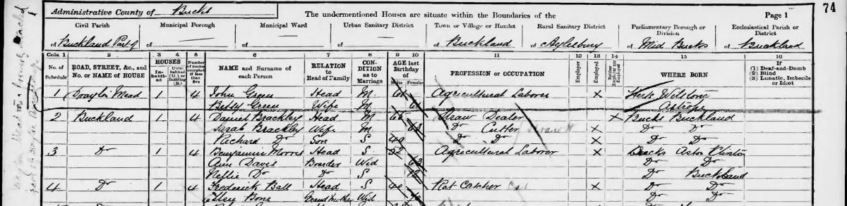 Figure 4: The Brackley family in the 1891 census (RG12/1146/74)