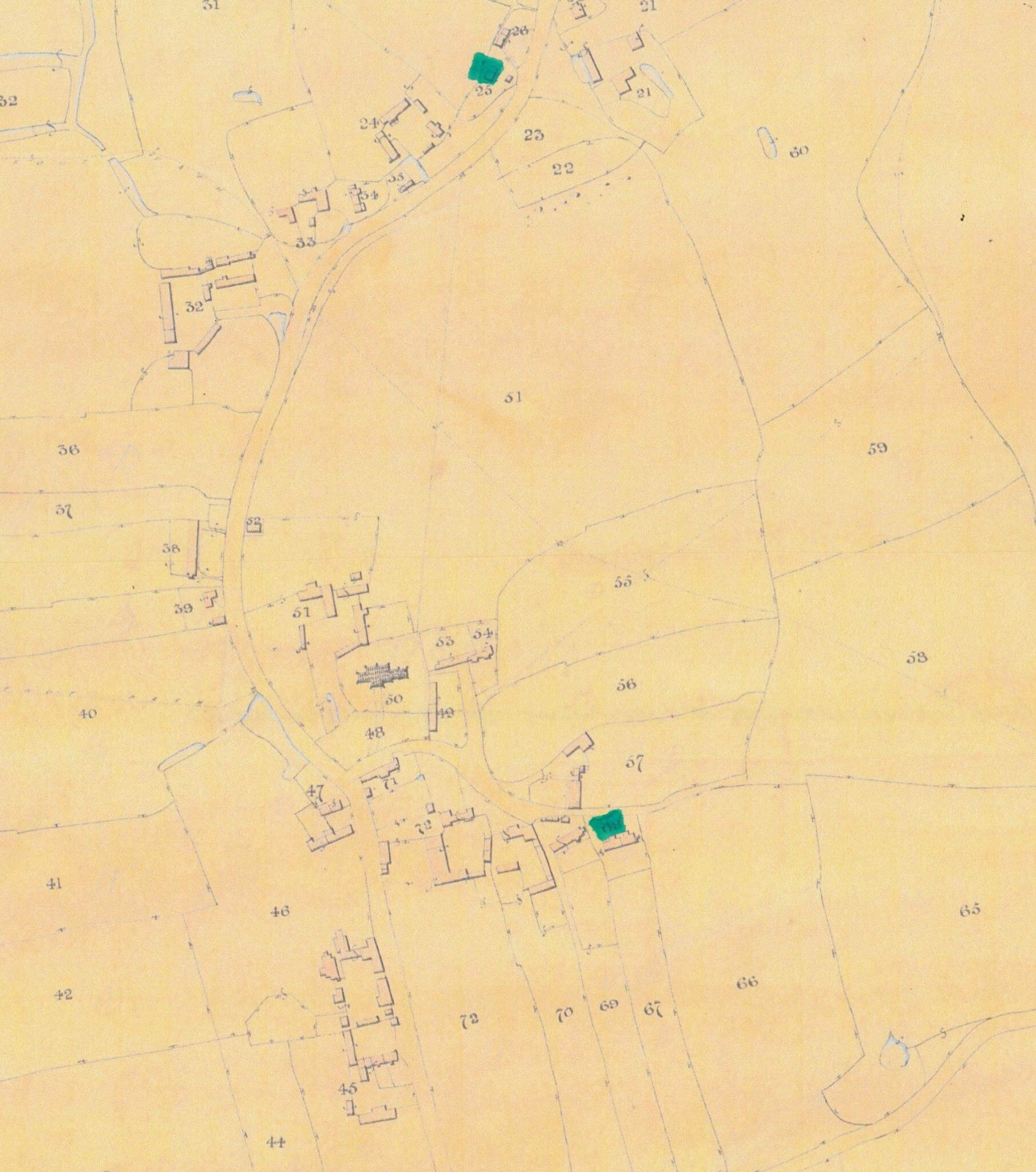 Figure 7: Buckland Village Tithe Map of 1843. The highlighted properties are the homes of John Munday (No. 25) and William Warrin (No. 68) at the time of the 1841 census