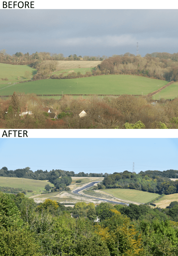 A photo showing Angling Spring Wood before and after HS2 have developed on it