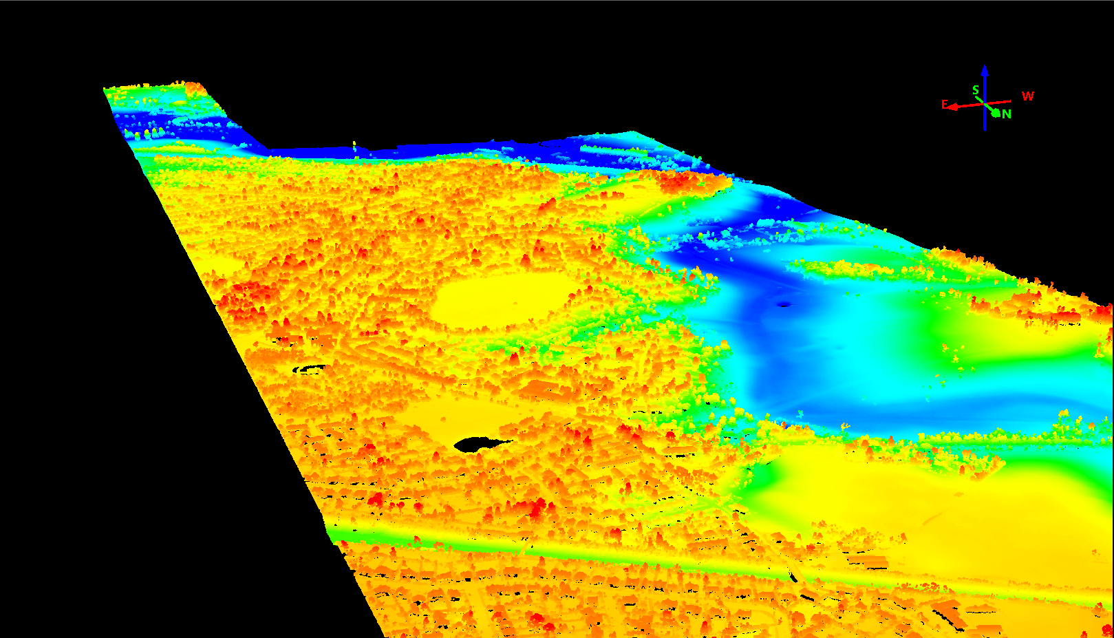 The LiDAR "point cloud" of Bulstrode Camp hillfort, Bucks, overlooking the Alderbourne chalk stream valley. Data from the Environment Agency.