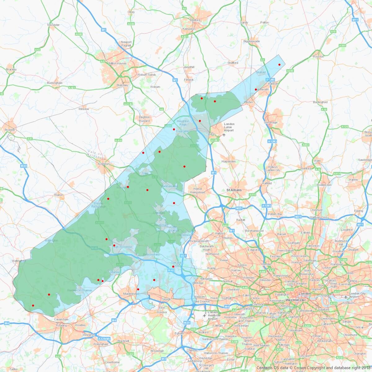 A map showing the extent of our survey is shown below in blue, with hillfort sites represented by red dots. 
