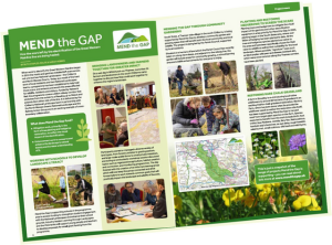 Double-page spread of a magazine with photos of people and plants, a map and the words "Mend the Gap".