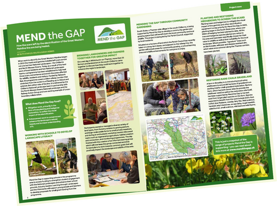Double-page spread of a magazine with photos of people and plants, a map and the words "Mend the Gap".
