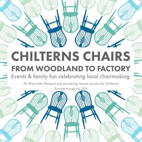 Poster of illustrated blue and green chairs with the words "Chilterns Chairs from woodland to factory".