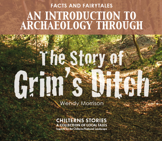 Image of the front cover of a book with a woodland and the words "the story of Grim's ditch".