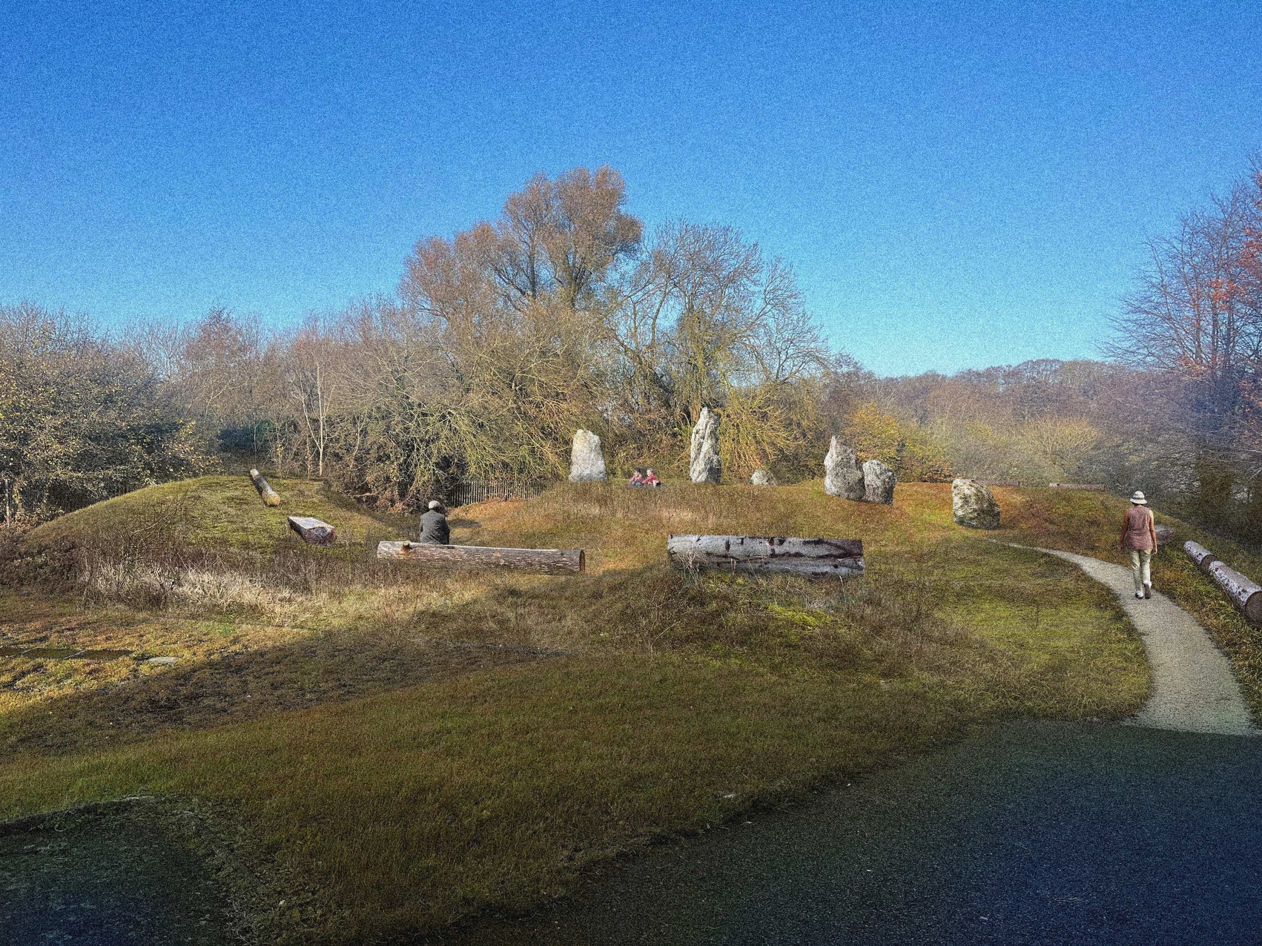Image of a grassy, hilled area with illustrations of chalk stones in a circle.