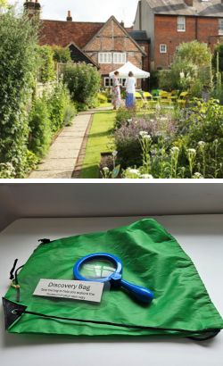 image of a garden with a pathway and iamge of discovery bag and magnifying glass