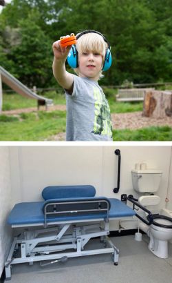 an image of a boy playing with a fidget toy with ear defenders on and an image of a changing places accessible toilet