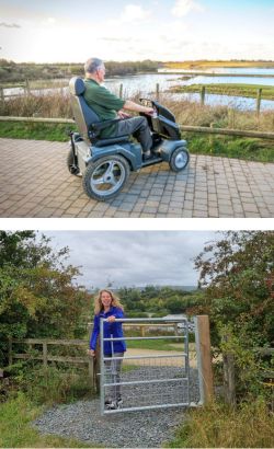 a man sat in a mobility scooter overlooking a lake and an image of a woman walking through a countryside gate