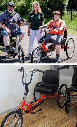 two images showing an adapted trike and people using them