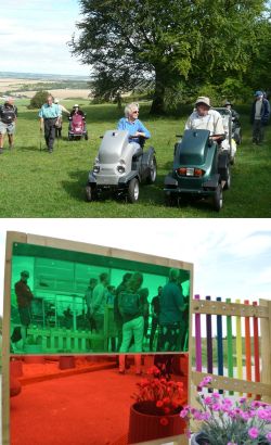 an image of two women using mobility scooters in a green field and an abstract photo of a sensory garden showing xylophone and coloured perspex